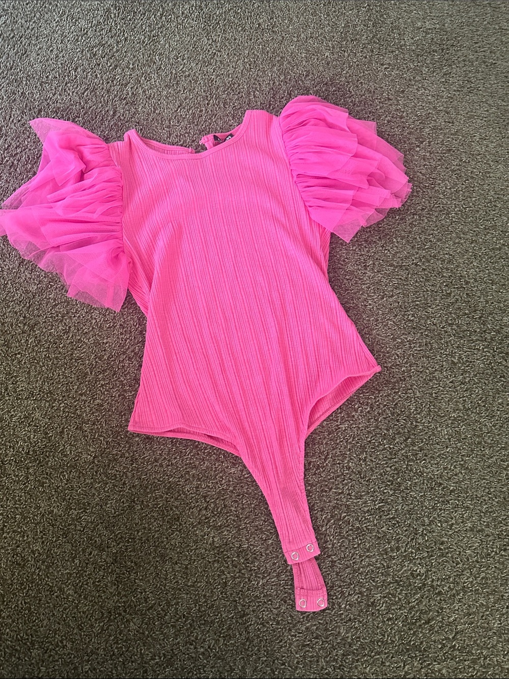 Express Bright Pink Ribbed Bodysuit with soft flowy sleeve.